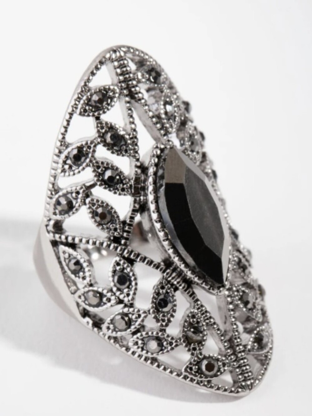 Stunning Black Navette Marquise Cut Scalloped Ring Black Stones SZ 7 NWOT